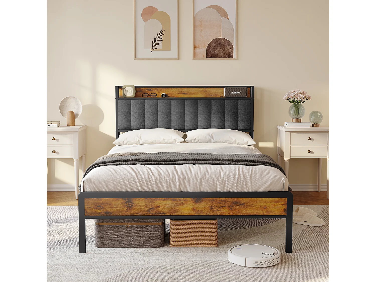 Lit Adulte 140 x 200 en Métal avec Tête de lit Capitonnée en Tissu pour Rangement Lit Double Bealife avec Sommier à Lattes Noir et Gris Foncé