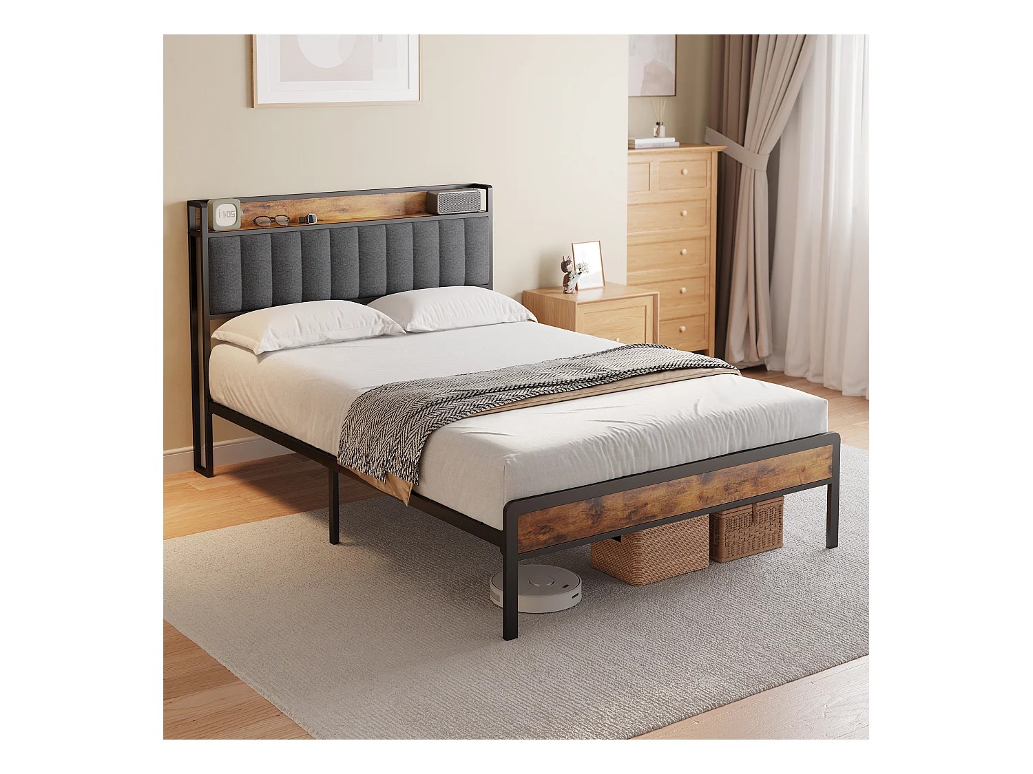 Lit Adulte 140 x 200 en Métal avec Tête de lit Capitonnée en Tissu pour Rangement Lit Double Bealife avec Sommier à Lattes Noir et Gris Foncé