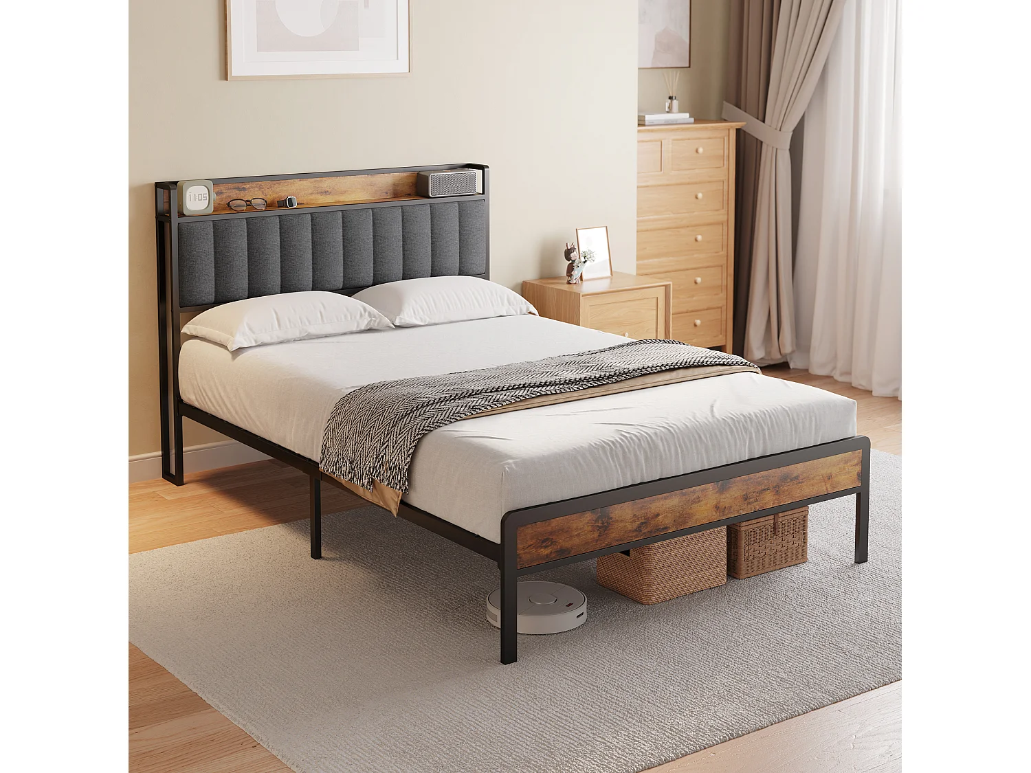 Lit Adulte 140 x 200 en Métal avec Tête de lit Capitonnée en Tissu pour Rangement Lit Double Bealife avec Sommier à Lattes Noir et Gris Foncé