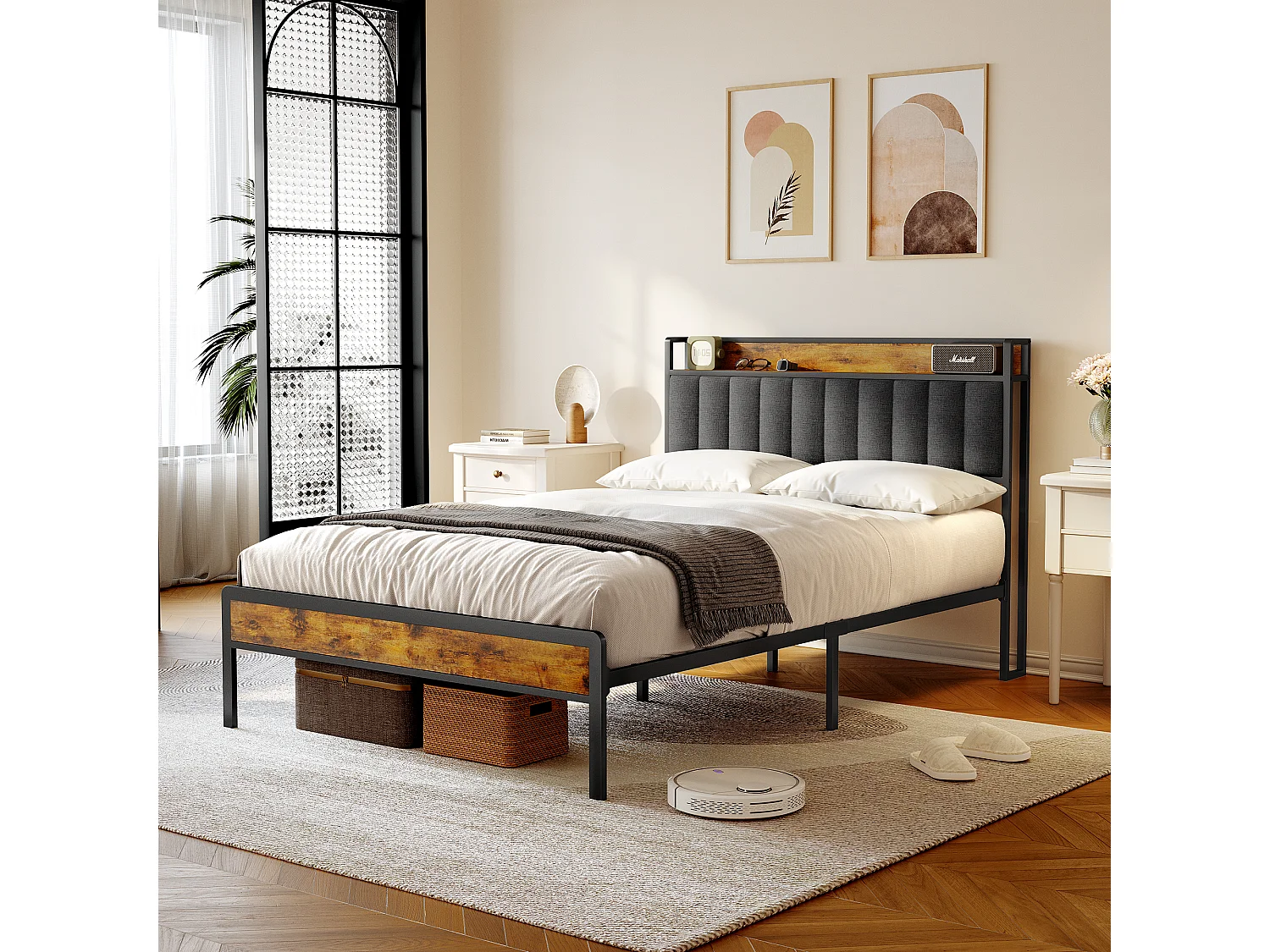 Lit Adulte 140 x 200 en Métal avec Tête de lit Capitonnée en Tissu pour Rangement Lit Double Bealife avec Sommier à Lattes Noir et Gris Foncé