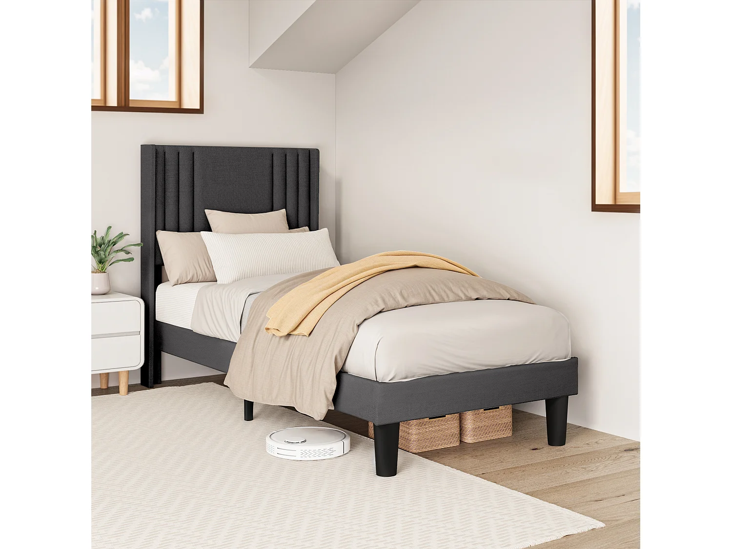 Gestoffeerd eenpersoonsbed 90 x 200 cm met hoofdeinde voor opbergen Bealife lattenbodem linnen stof kindertienerbed donkergrijs