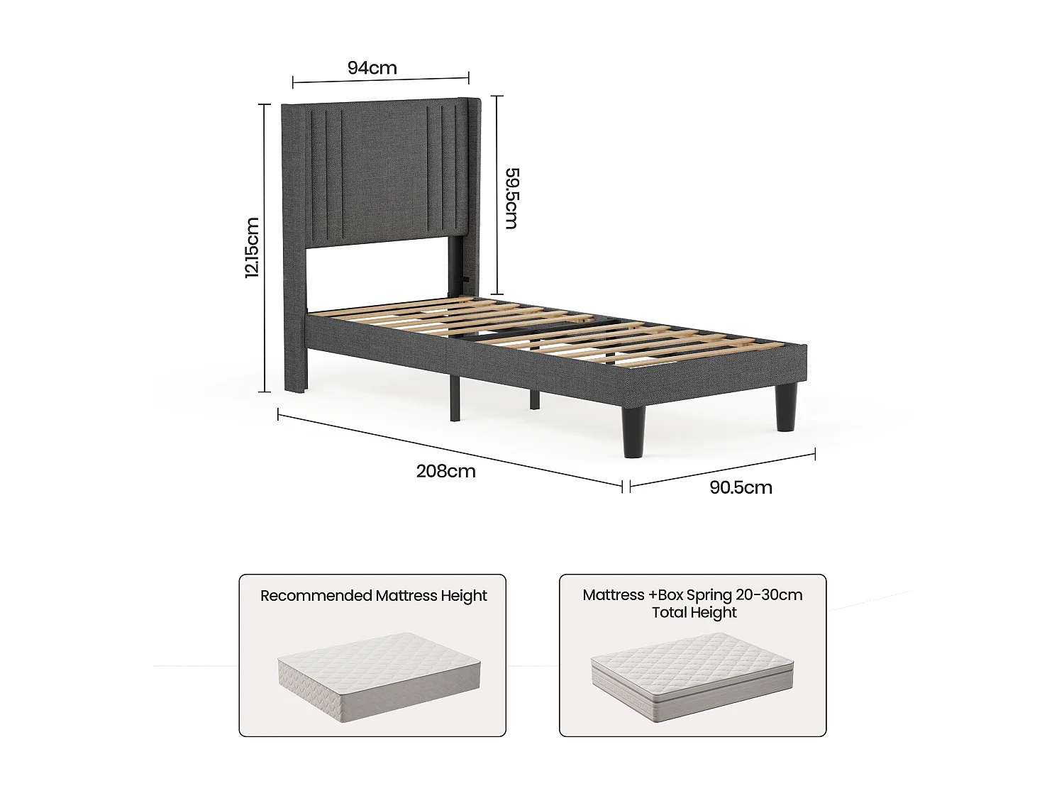 Gestoffeerd eenpersoonsbed 90 x 200 cm met hoofdeinde voor opbergen Bealife lattenbodem linnen stof kindertienerbed donkergrijs