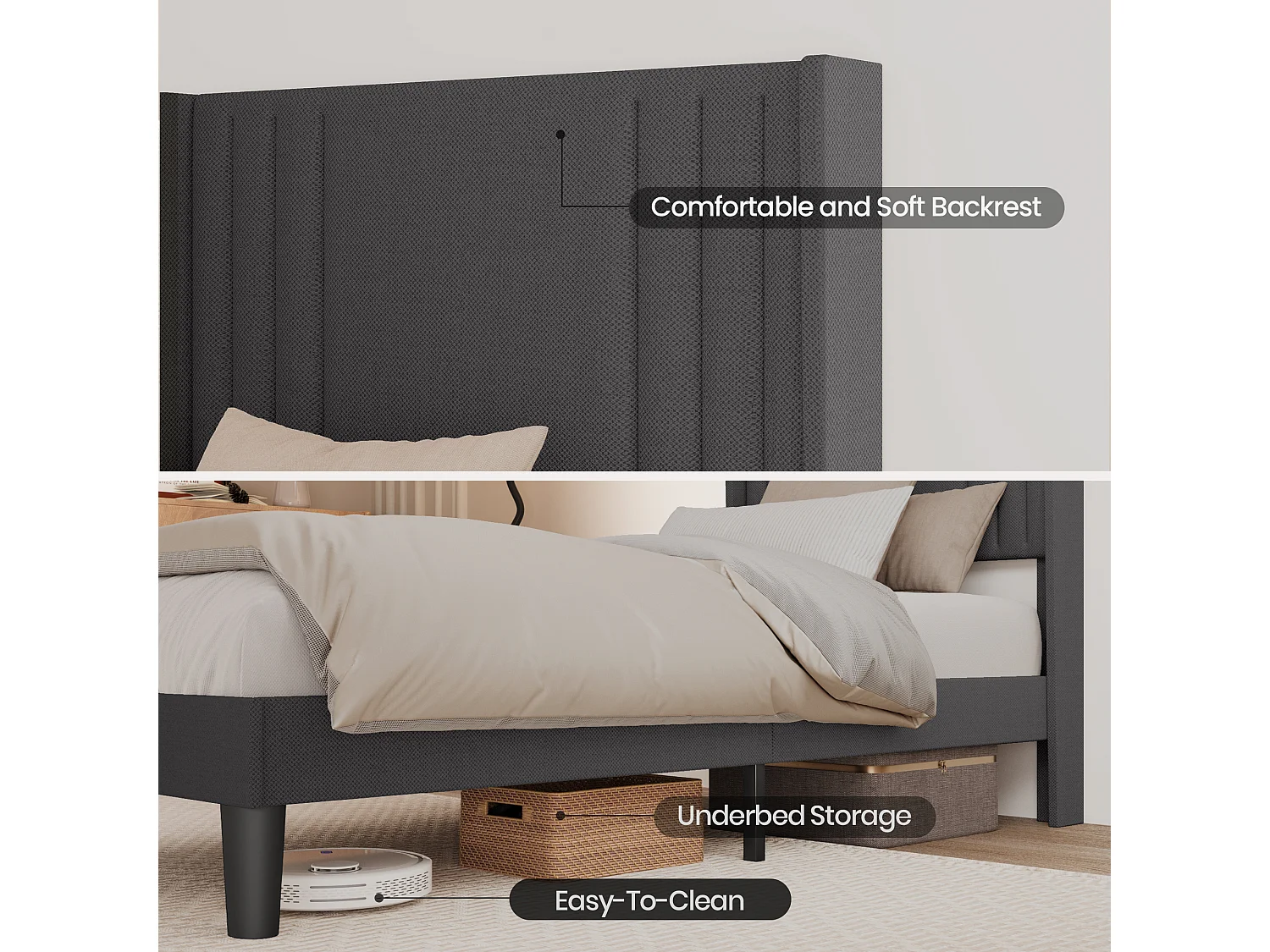 Gestoffeerd eenpersoonsbed 90 x 200 cm met hoofdeinde voor opbergen Bealife lattenbodem linnen stof kindertienerbed donkergrijs