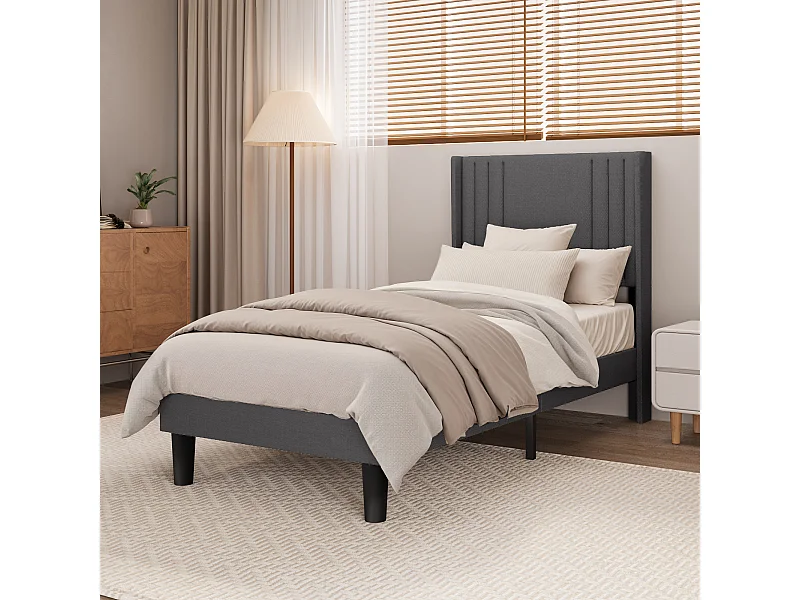 Lit Simple Capitonné 90 x 200 cm avec Tête de Lit pour Rangement Bealife Sommier à Lattes Tissu en Lin Lit Enfant Adolescent Gris Foncé