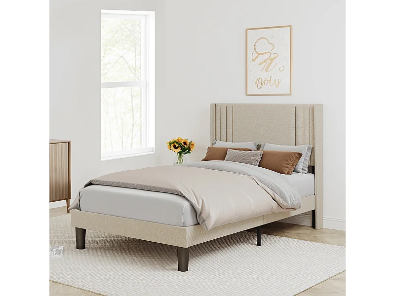 Bealife 120 x 200 cm bekapte enkelbed met hoofdkussen voor opbergen, lattenbodem, linnen bekleding, geschikt voor kinderen en adolescenten, geelachtig