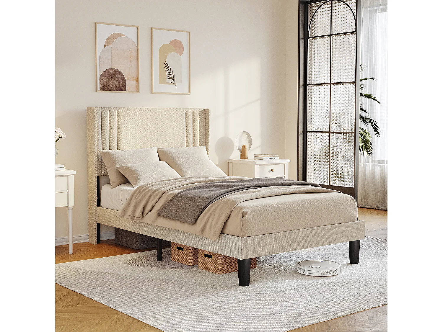 Lit Simple Capitonné 120 x 200 cm avec Tête de Lit pour Rangement Bealife Sommier à Lattes Tissu en Lin Lit Enfant Adolescent Jaunâtre