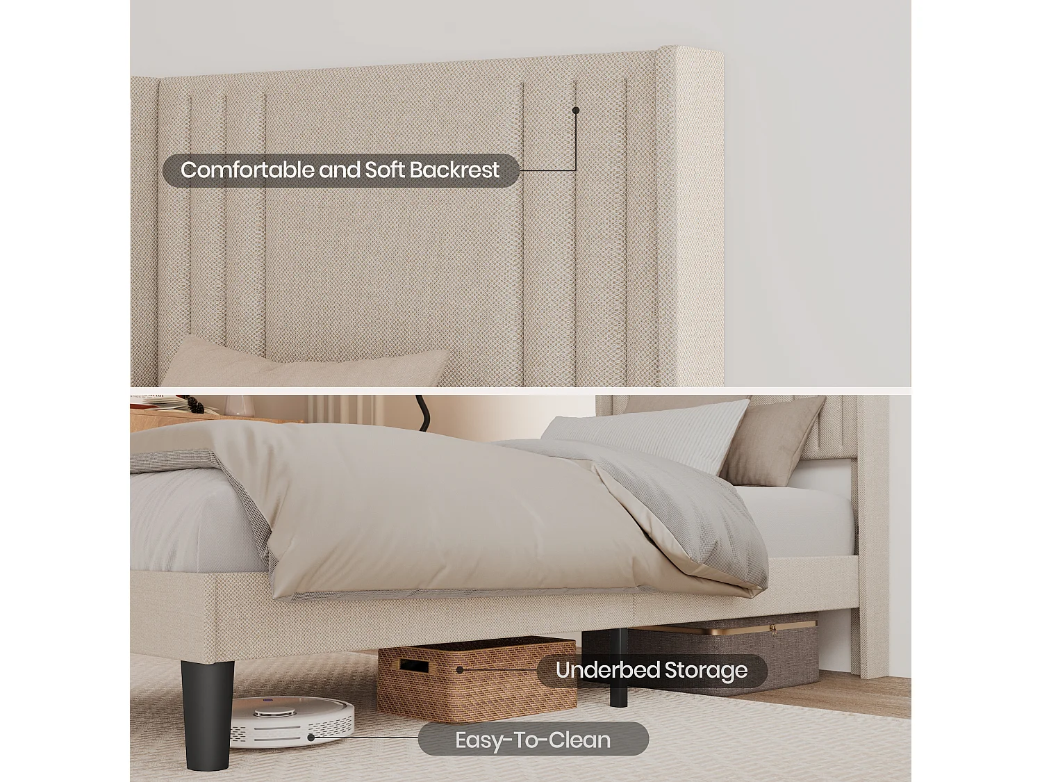 Lit Simple Capitonné 120 x 200 cm avec Tête de Lit pour Rangement Bealife Sommier à Lattes Tissu en Lin Lit Enfant Adolescent Jaunâtre