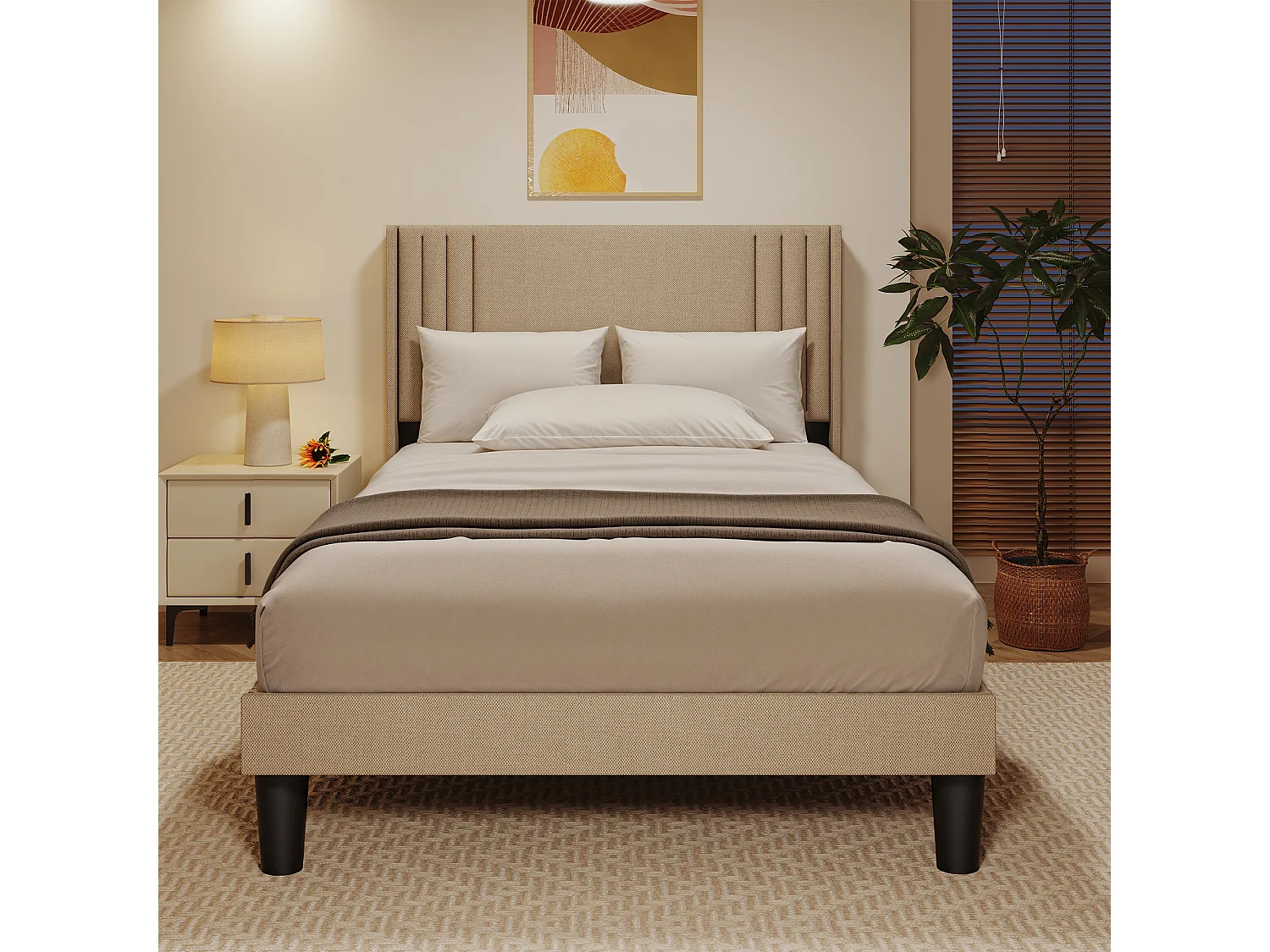 Lit Simple Capitonné 120 x 200 cm avec Tête de Lit pour Rangement Bealife Sommier à Lattes Tissu en Lin Lit Enfant Adolescent Jaunâtre