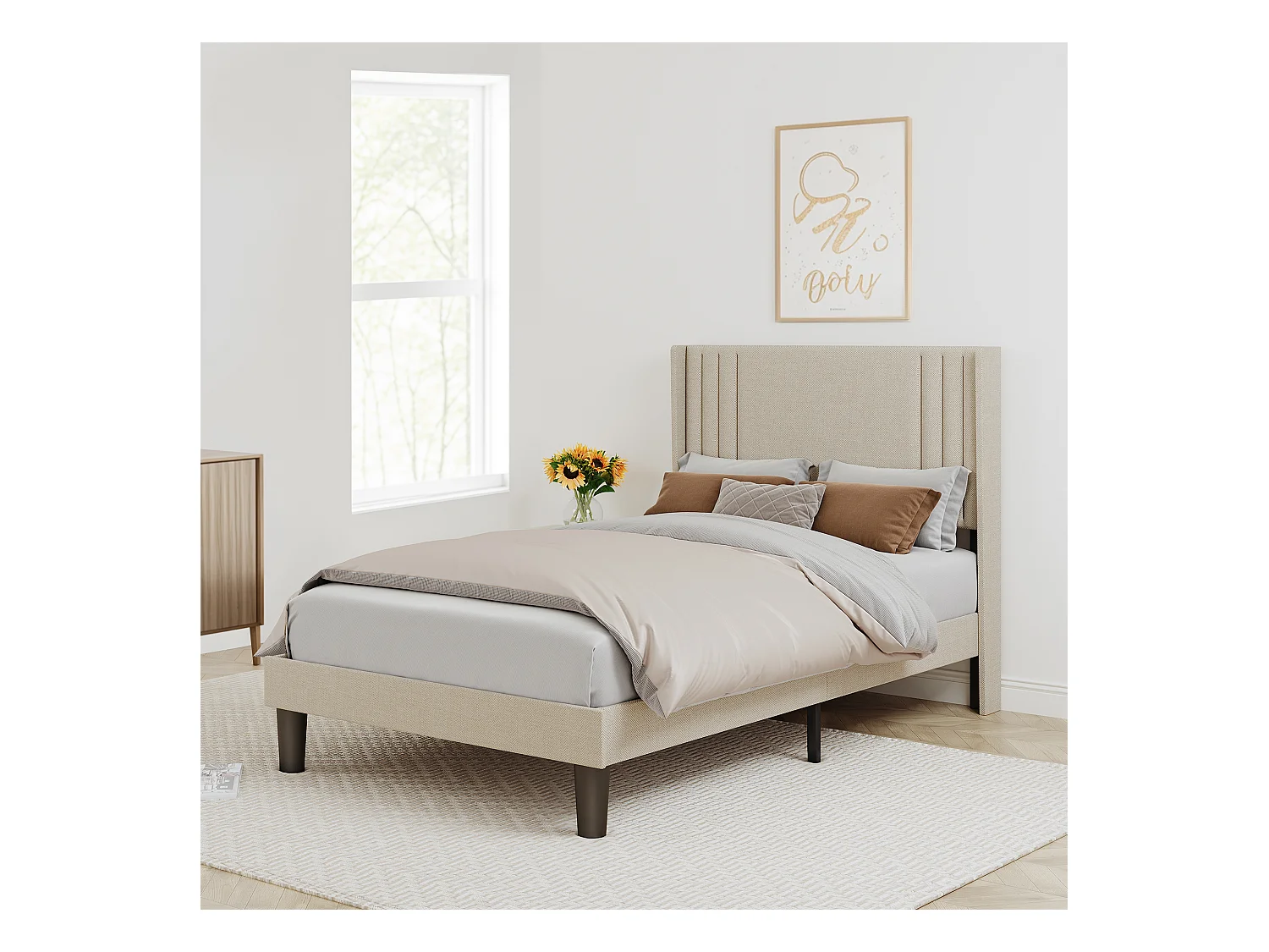 Lit Simple Capitonné 120 x 200 cm avec Tête de Lit pour Rangement Bealife Sommier à Lattes Tissu en Lin Lit Enfant Adolescent Jaunâtre
