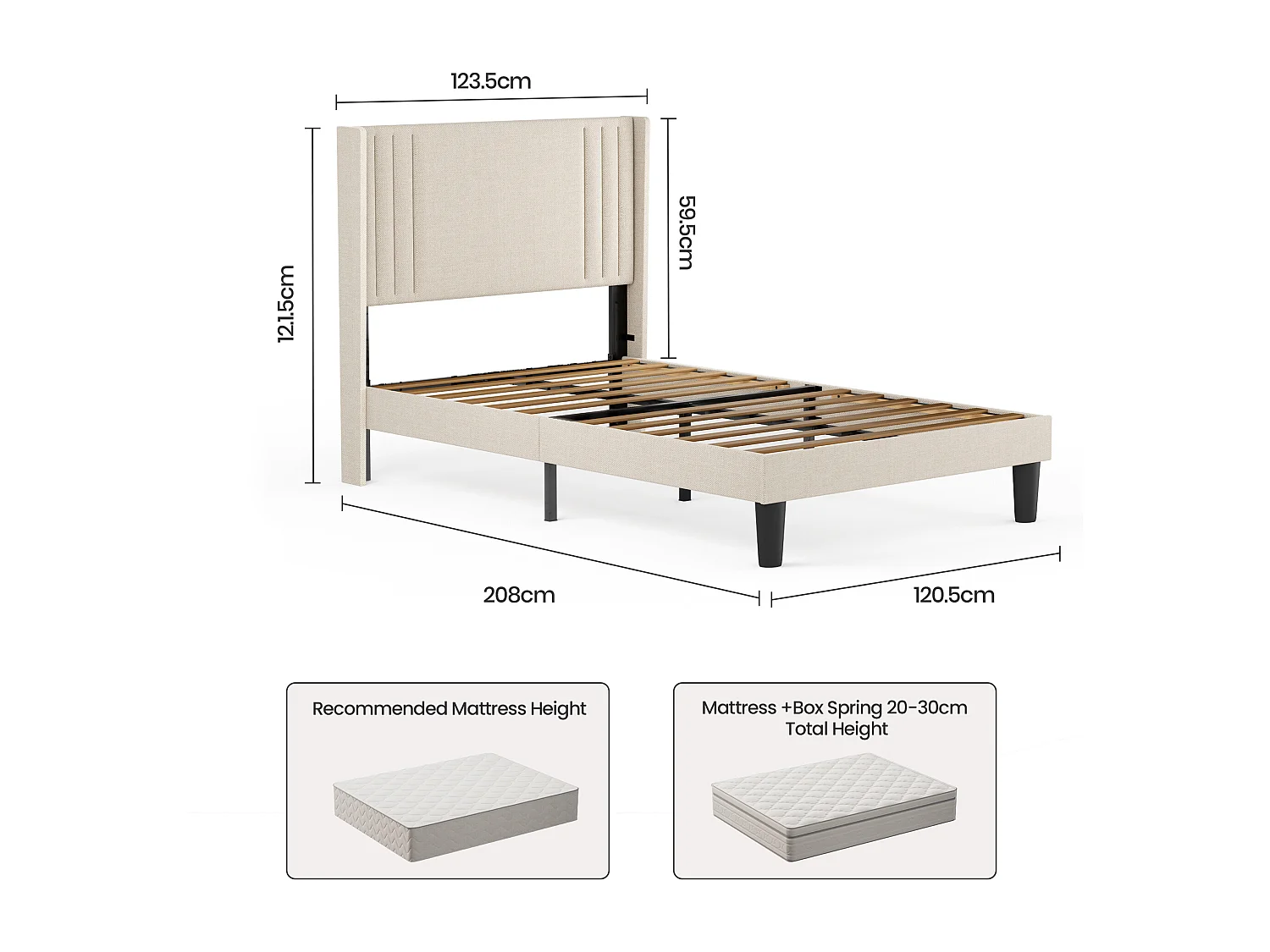 Bealife 120 x 200 cm bekapte enkelbed met hoofdkussen voor opbergen, lattenbodem, linnen bekleding, geschikt voor kinderen en adolescenten, geelachtig