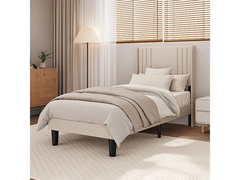 Bealife 90 x 200 cm bekapte enkelbed met hoofdkussen voor opbergen, lattenbodem, linnen bekleding, geschikt voor kinderen en adolescenten, geelachtig