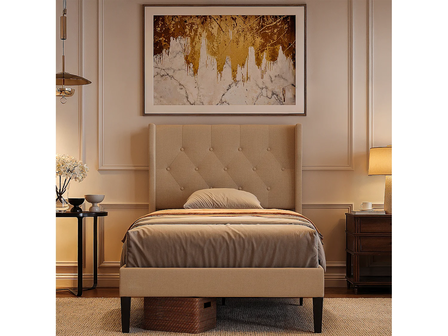 Bealife Lit 90 x 200 cm Lit Simple Structure de Lit Lit Rembourré Lattes en Bois de Spin 20 cm de Rangement Beige