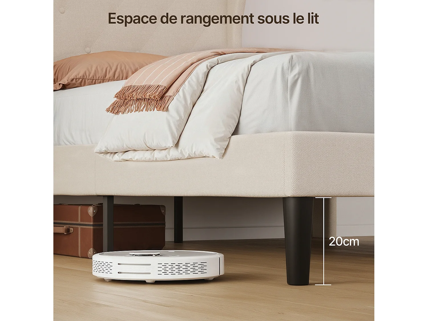 Bealife Lit 90 x 200 cm Lit Simple Structure de Lit Lit Rembourré Lattes en Bois de Spin 20 cm de Rangement Beige