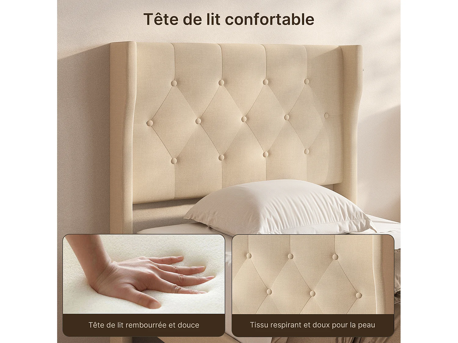 Bealife Lit 90 x 200 cm Lit Simple Structure de Lit Lit Rembourré Lattes en Bois de Spin 20 cm de Rangement Beige