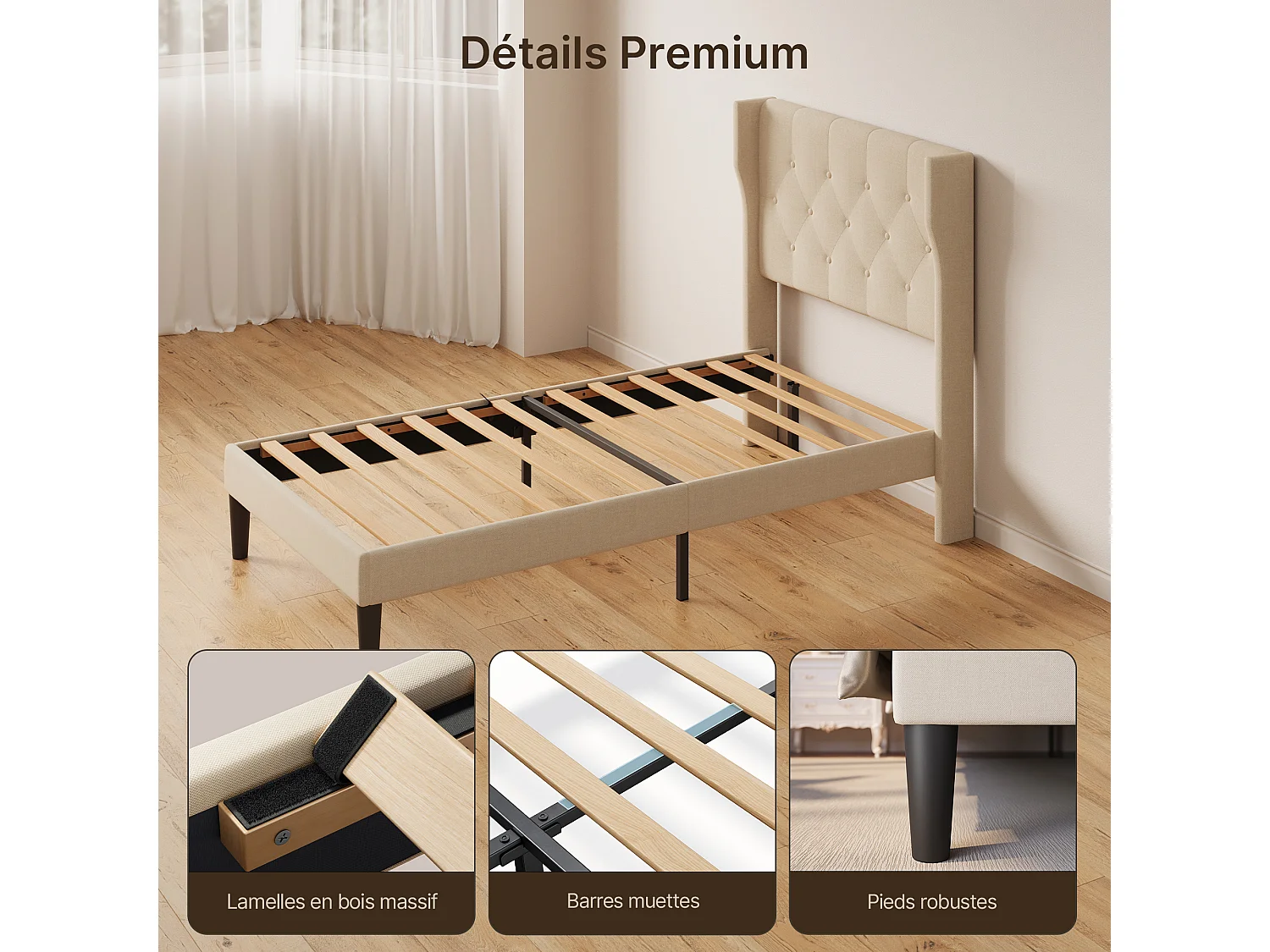 Bealife Lit 90 x 200 cm Lit Simple Structure de Lit Lit Rembourré Lattes en Bois de Spin 20 cm de Rangement Beige