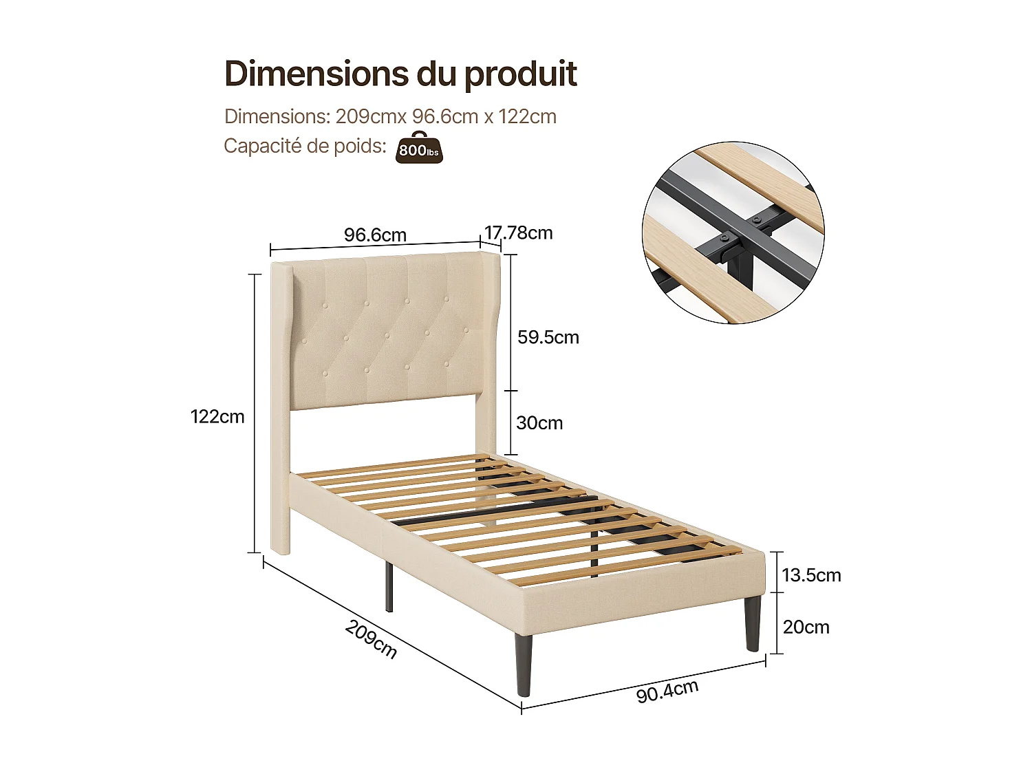 Bealife Lit 90 x 200 cm Lit Simple Structure de Lit Lit Rembourré Lattes en Bois de Spin 20 cm de Rangement Beige
