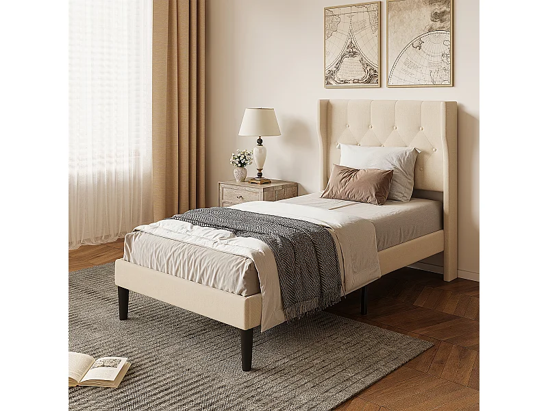 Bealife 90 x 200 cm enkelbed, bedframe, beukenlattenbodem, 20 cm opbergruimte, beige