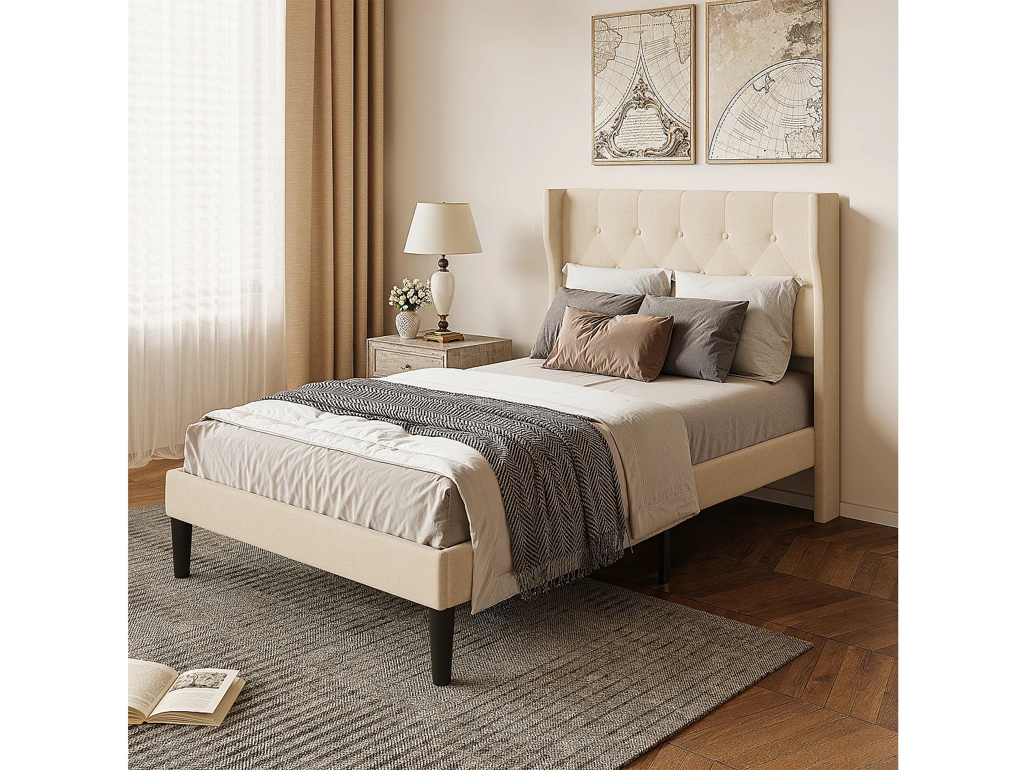 Bealife 120 x 200 cm enkelbed, bedframe, beukenlattenbodem, 20 cm opbergruimte, beige