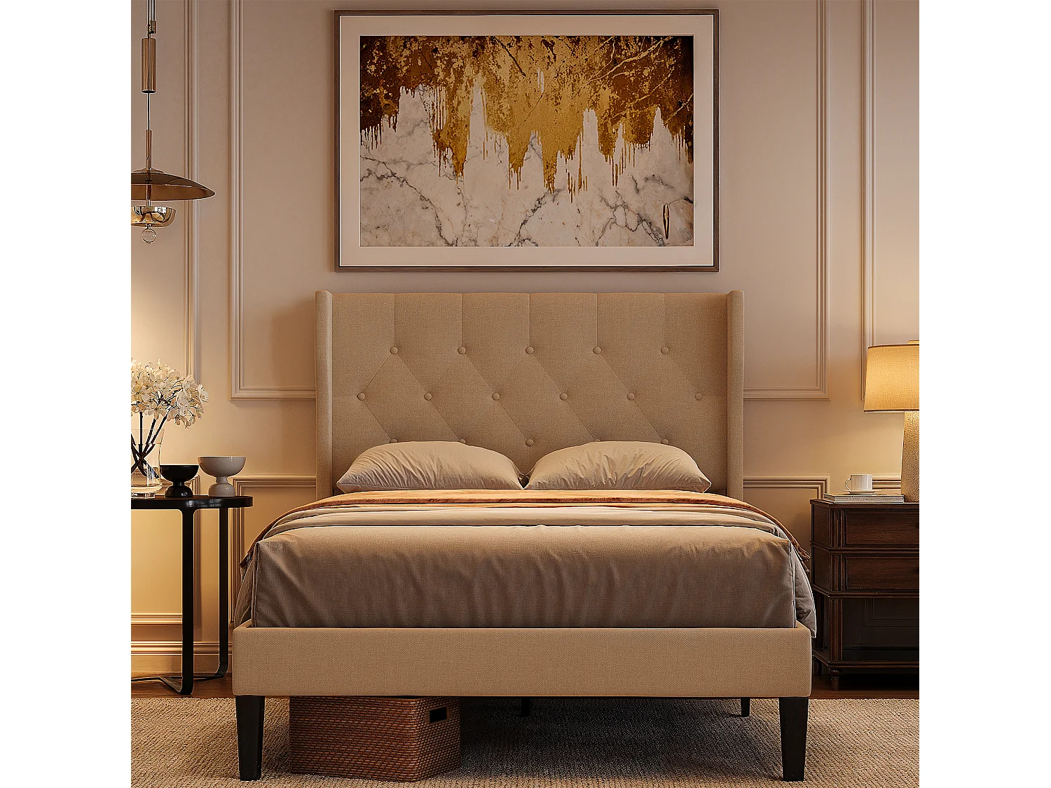 Bealife 120 x 200 cm enkelbed, bedframe, beukenlattenbodem, 20 cm opbergruimte, beige