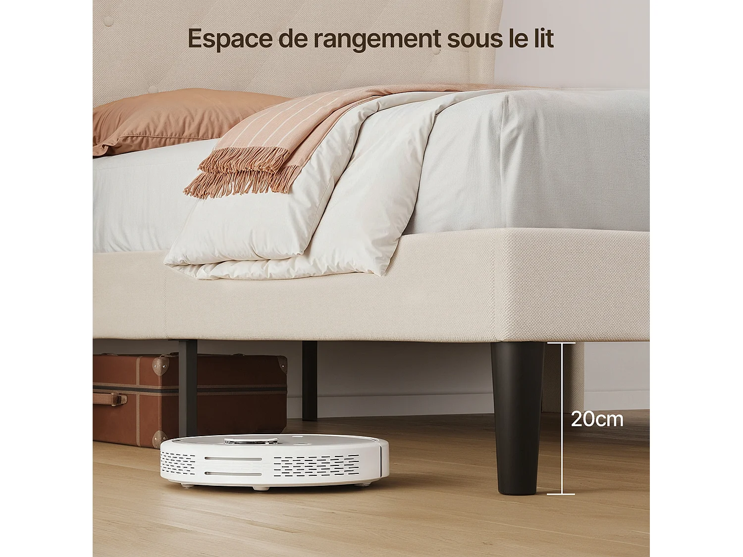 Bealife 120 x 200 cm enkelbed, bedframe, beukenlattenbodem, 20 cm opbergruimte, beige