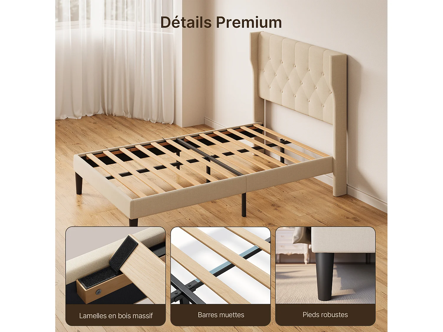 Bealife 120 x 200 cm enkelbed, bedframe, beukenlattenbodem, 20 cm opbergruimte, beige