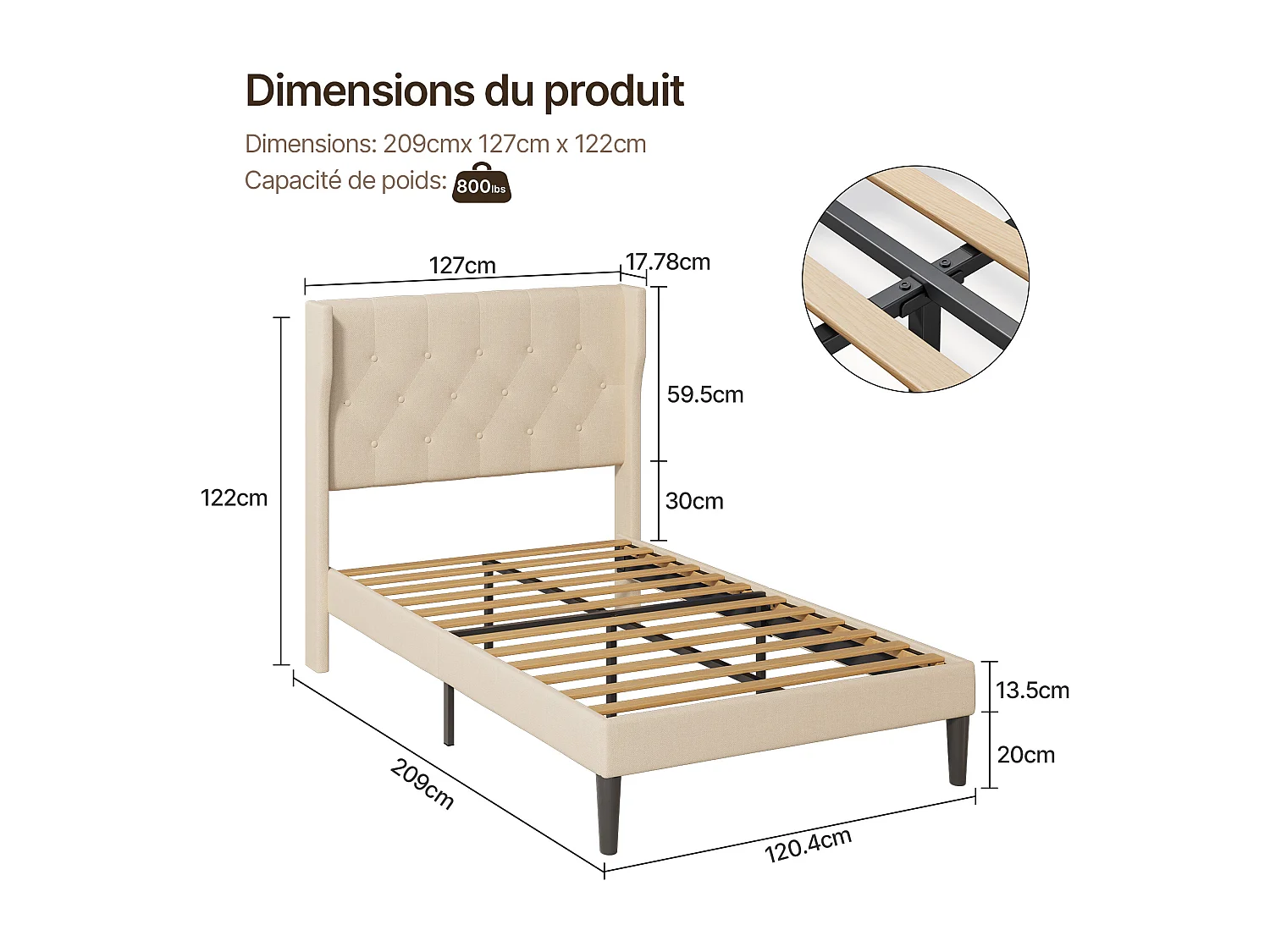 Bealife 120 x 200 cm enkelbed, bedframe, beukenlattenbodem, 20 cm opbergruimte, beige
