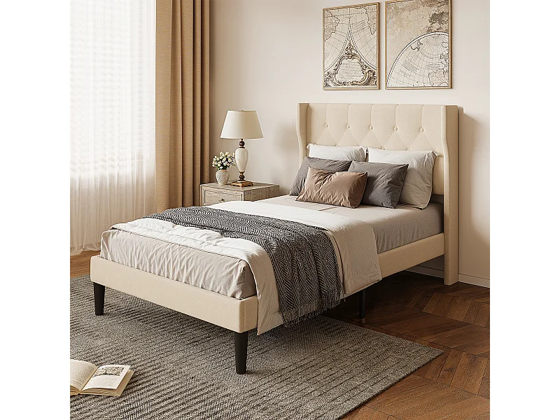 Bealife 120 x 200 cm enkelbed, bedframe, beukenlattenbodem, 20 cm opbergruimte, beige