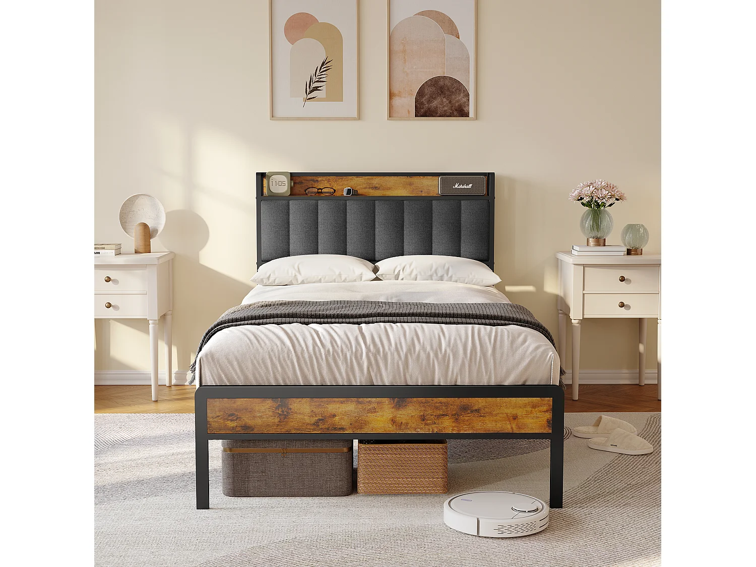 Lit Simple 120 x 200 en Métal avec Tête de lit Capitonnée en Tissu pour Rangement Bealife Sommier à Lattes Lit Enfant Adolescent Noir et Gris Foncé