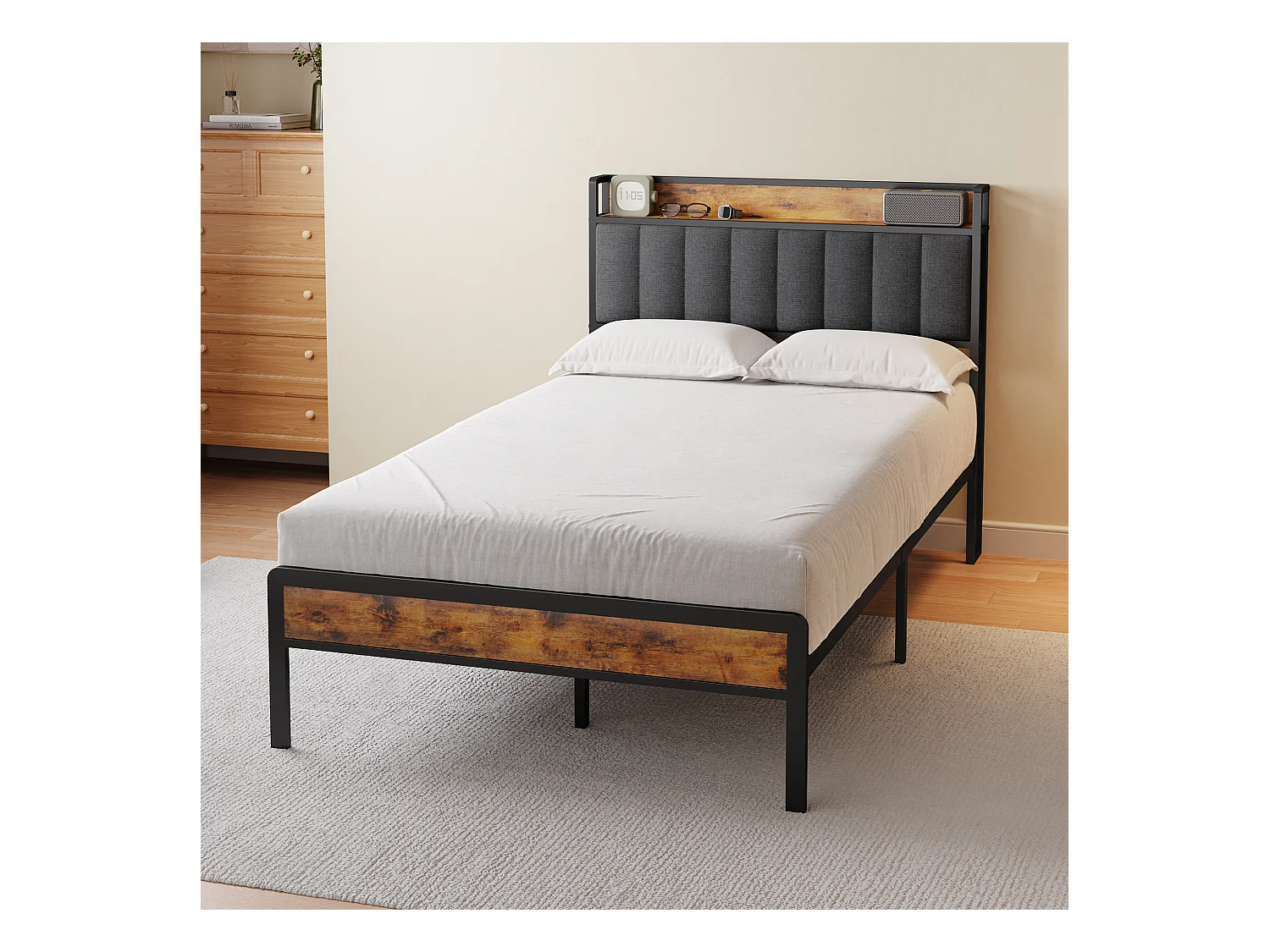 Bealife 120 x 200 cm metalen enkelbed met bekapte linnen hoofdkussen voor opbergen, lattenbodem, geschikt voor kinderen en adolescenten, zwart en donkergrijs