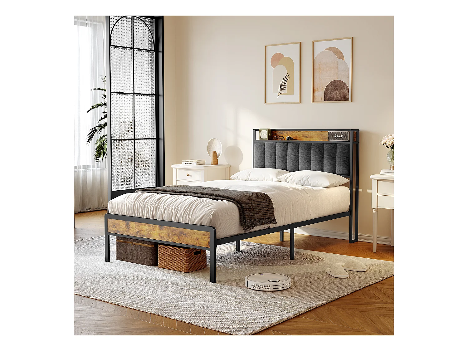 Bealife 120 x 200 cm metalen enkelbed met bekapte linnen hoofdkussen voor opbergen, lattenbodem, geschikt voor kinderen en adolescenten, zwart en donkergrijs