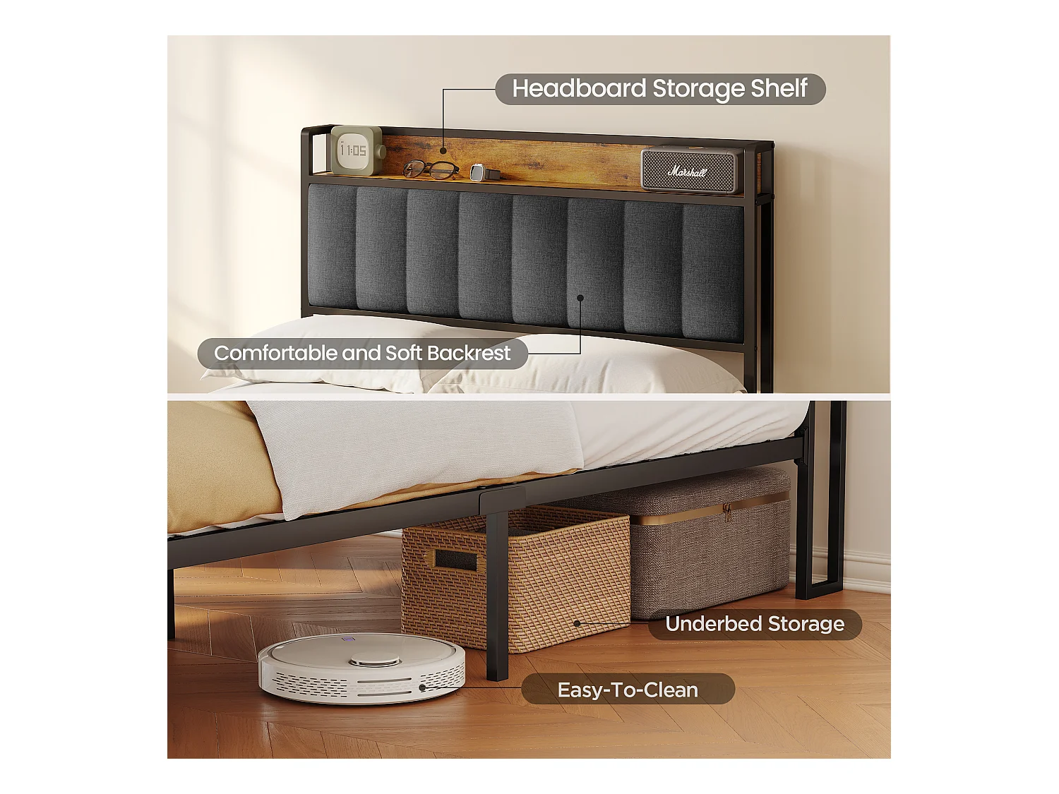 Bealife 120 x 200 cm metalen enkelbed met bekapte linnen hoofdkussen voor opbergen, lattenbodem, geschikt voor kinderen en adolescenten, zwart en donkergrijs