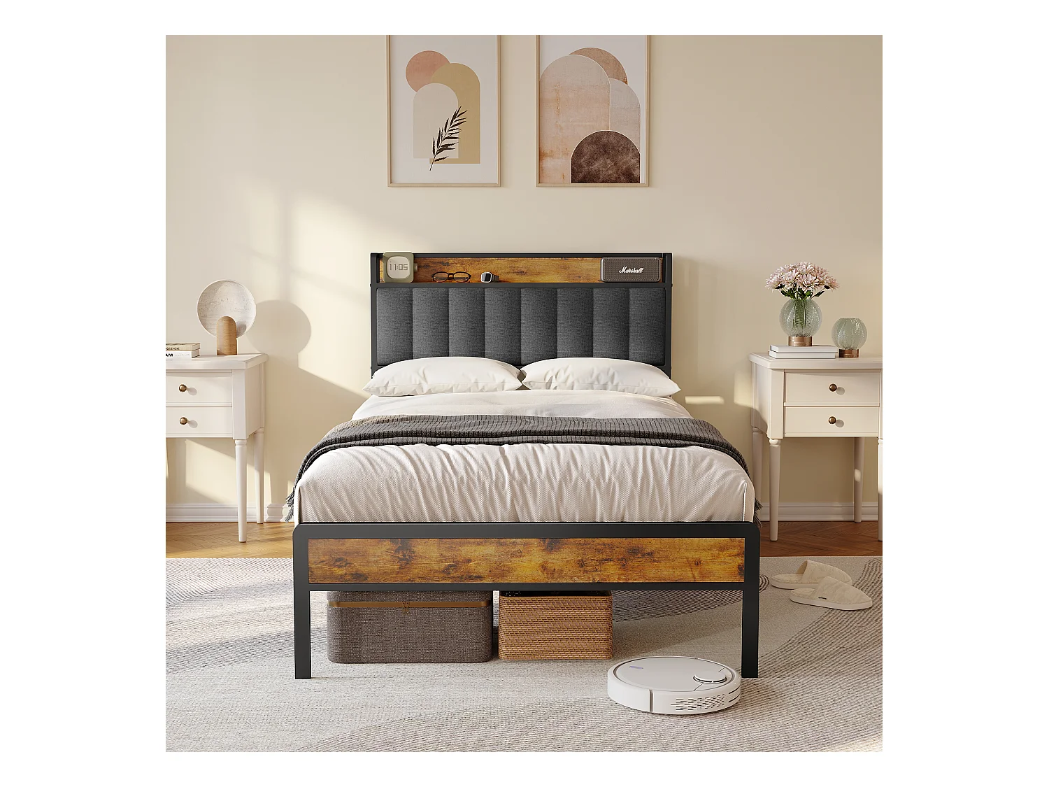 Bealife 120 x 200 cm metalen enkelbed met bekapte linnen hoofdkussen voor opbergen, lattenbodem, geschikt voor kinderen en adolescenten, zwart en donkergrijs