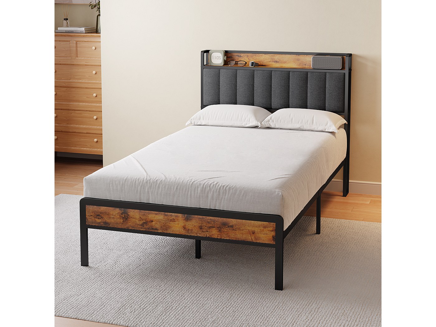 Bealife Lit Rembourré 120x200 Cm - Cadre De Lit Tapissé Avec Sommier à Lattes Et Tête De Lit, Bois Et Métal (Beige)