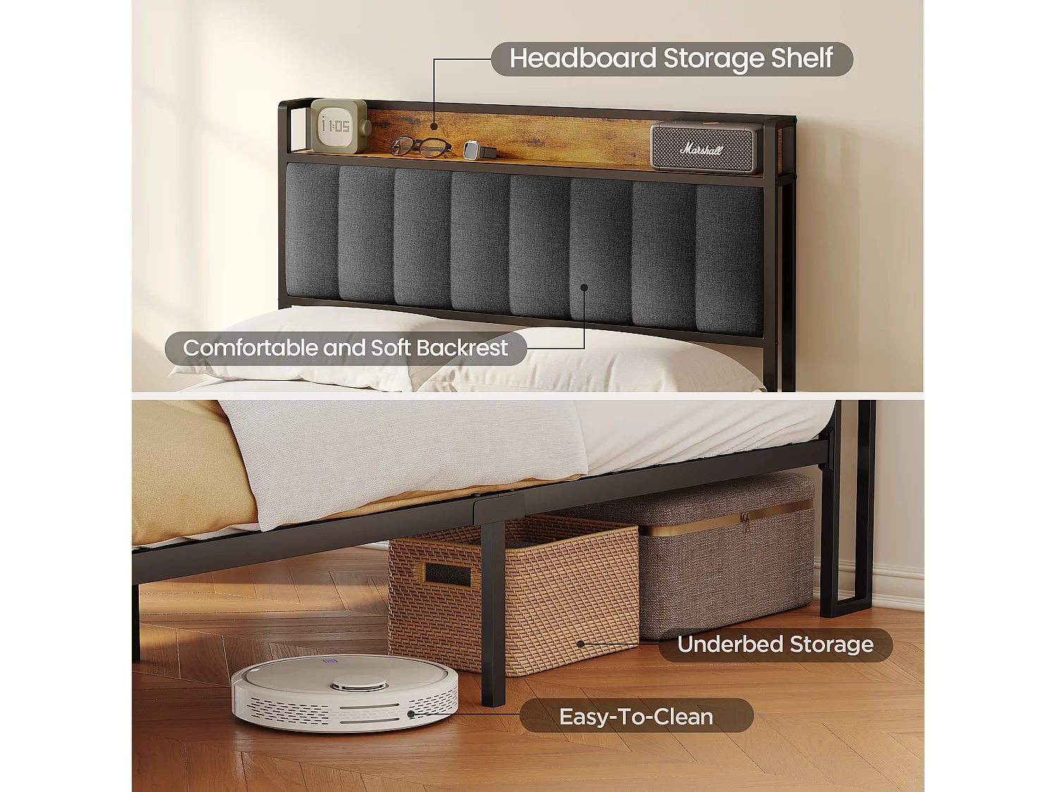 Lit Simple 120 x 200 en Métal avec Tête de lit Capitonnée en Tissu pour Rangement Bealife Sommier à Lattes Lit Enfant Adolescent Noir et Gris Foncé