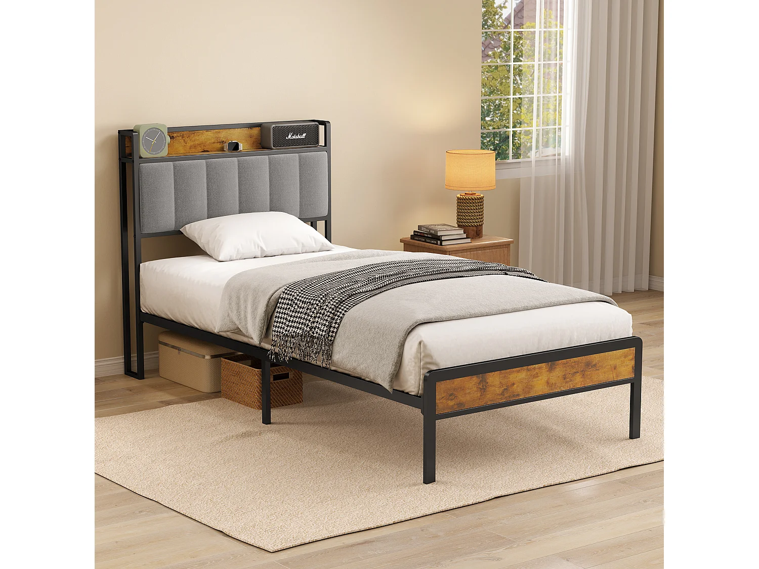 Bealife 90 x 200 cm metalen enkelbed met bekapte linnen hoofdkussen voor opbergen, lattenbodem, geschikt voor kinderen en adolescenten, zwart en lichtgrijs