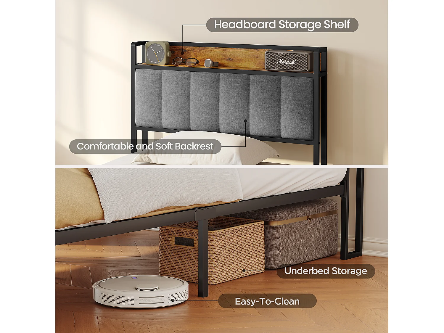 Bealife 90 x 200 cm metalen enkelbed met bekapte linnen hoofdkussen voor opbergen, lattenbodem, geschikt voor kinderen en adolescenten, zwart en lichtgrijs