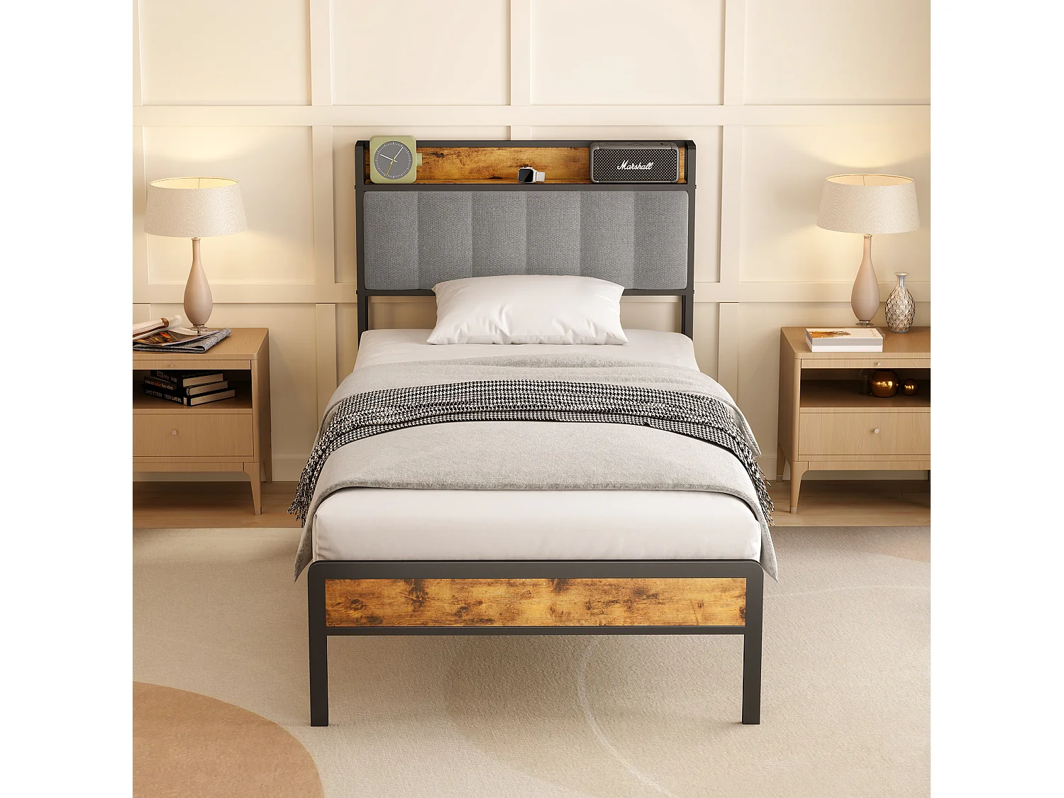 Bealife 90 x 200 cm metalen enkelbed met bekapte linnen hoofdkussen voor opbergen, lattenbodem, geschikt voor kinderen en adolescenten, zwart en lichtgrijs