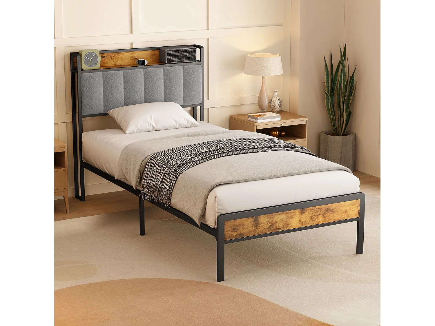 Lit Simple 90 x 200 en Métal avec Tête de lit Capitonnée en Tissu pour Rangement Bealife Sommier à Lattes Lit Enfant Adolescent Noir et Gris Clair