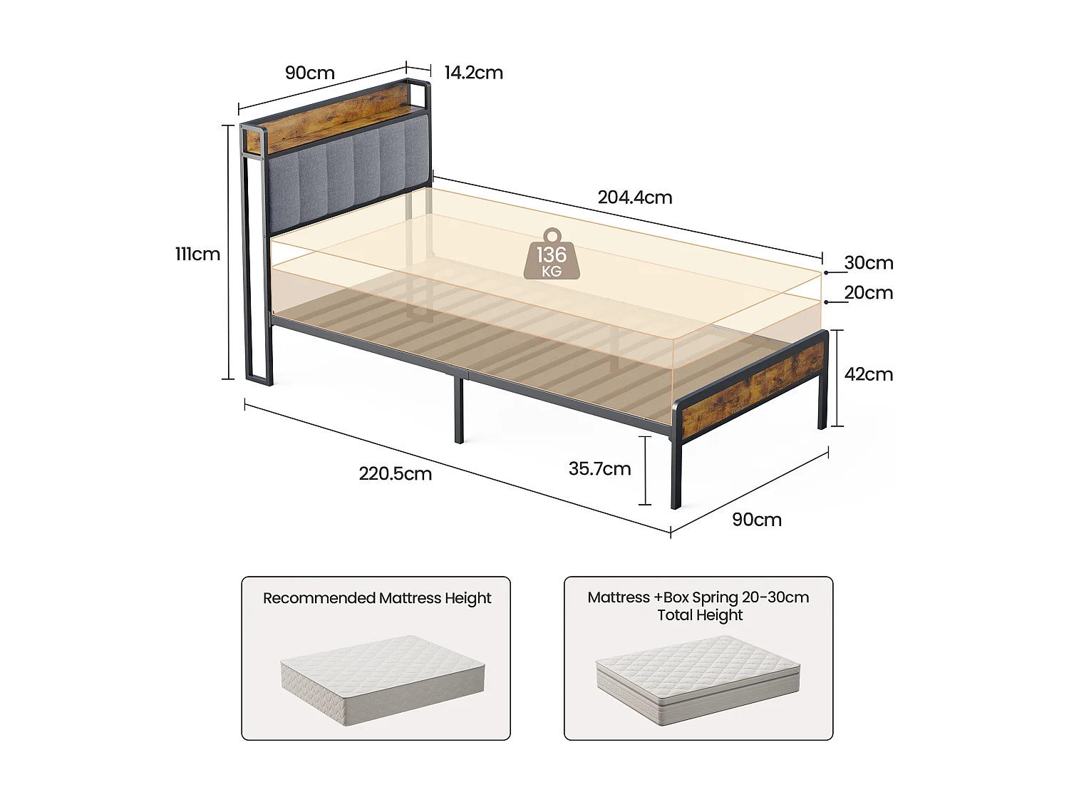 Lit Simple 90 x 200 en Métal avec Tête de lit Capitonnée en Tissu pour Rangement Bealife Sommier à Lattes Lit Enfant Adolescent Noir et Gris Clair