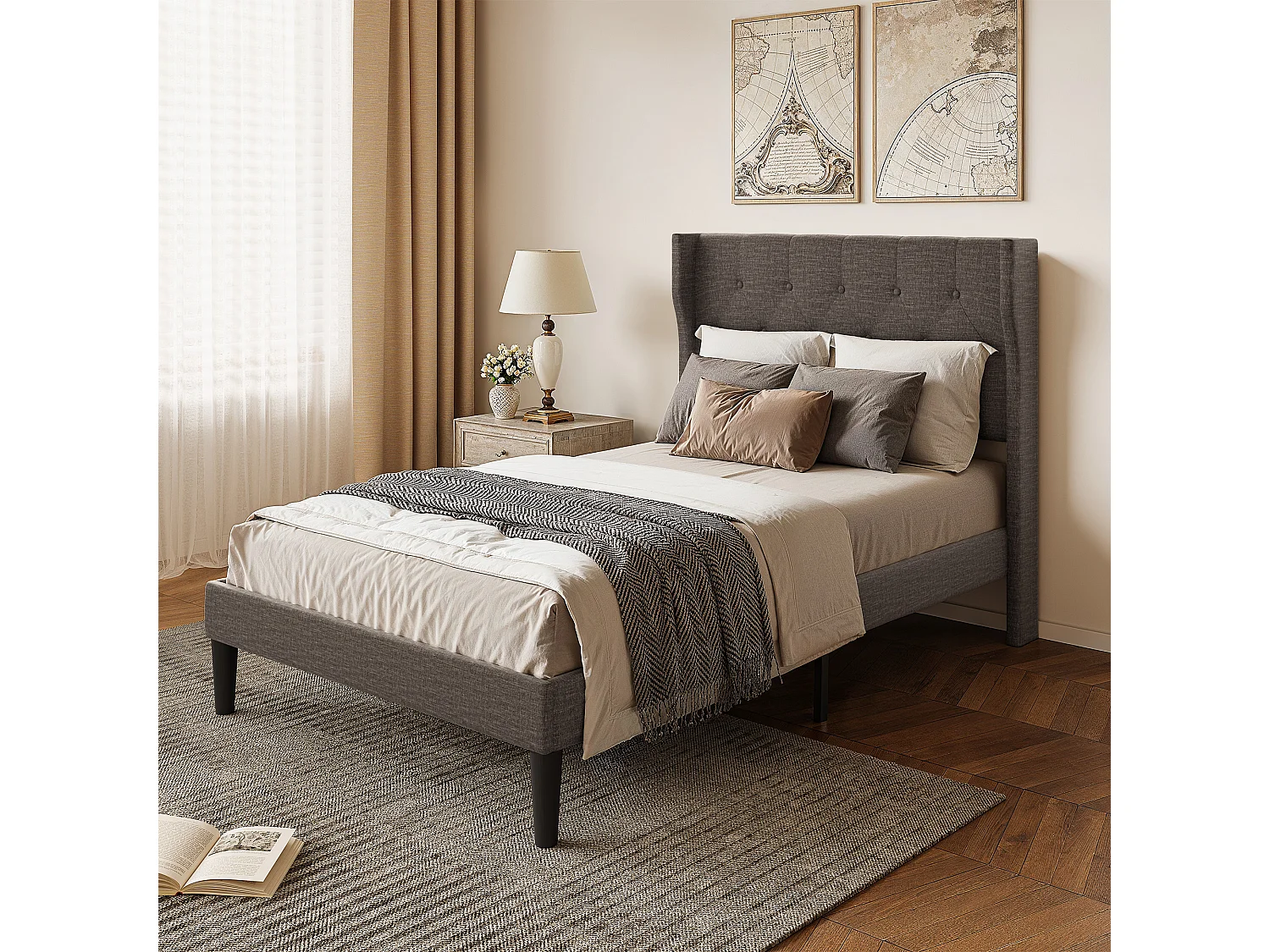 Bealife Lit 120 x 200 cm Lit Simple Structure de Lit Lit Rembourré Lattes en Bois de Spin 20 cm de Rangement Gris Foncé