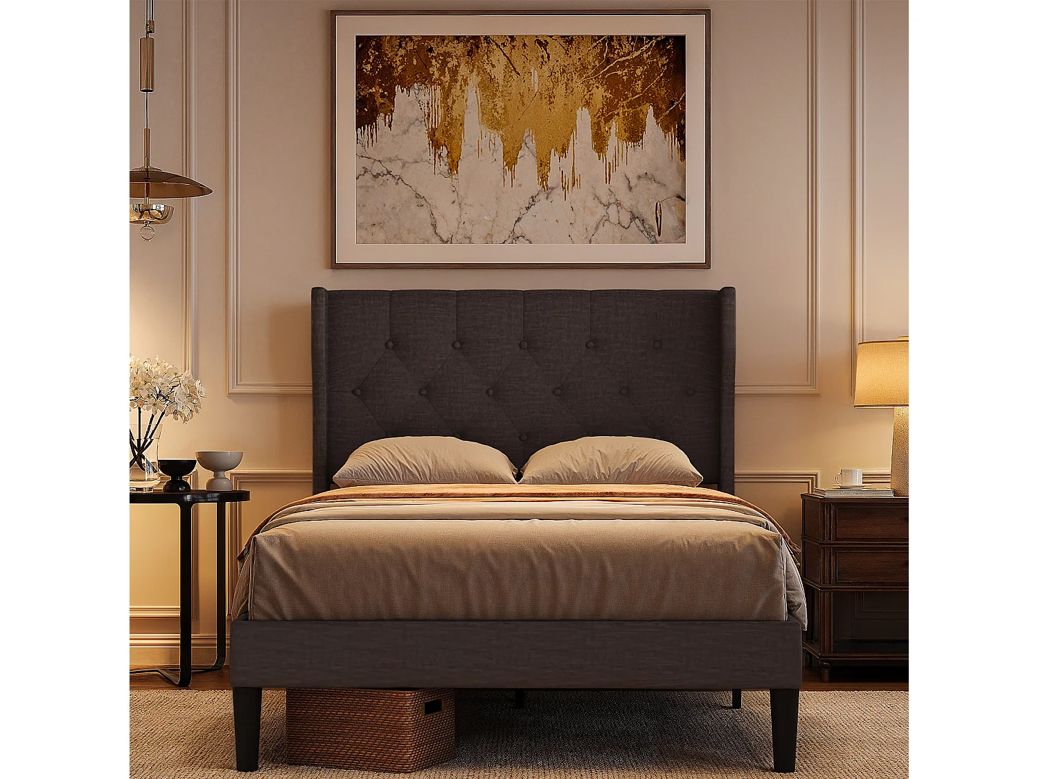 Bealife Lit 120 x 200 cm Lit Simple Structure de Lit Lit Rembourré Lattes en Bois de Spin 20 cm de Rangement Gris Foncé