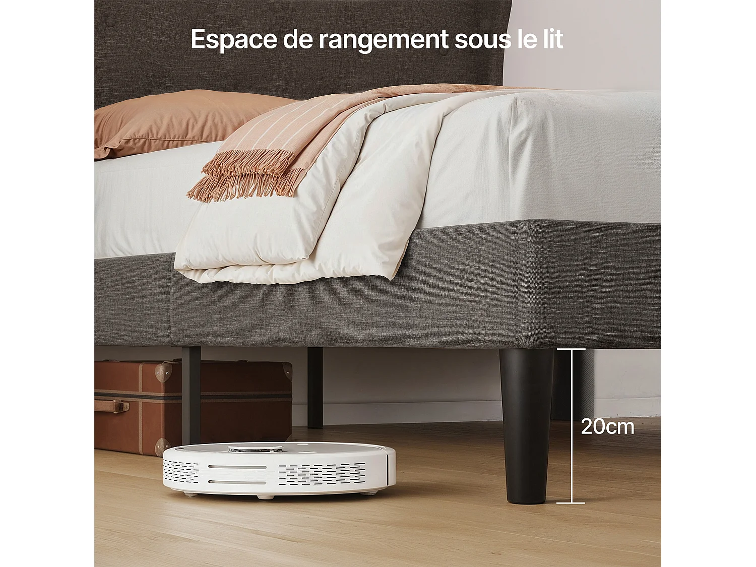 Bealife Lit 120 x 200 cm Lit Simple Structure de Lit Lit Rembourré Lattes en Bois de Spin 20 cm de Rangement Gris Foncé