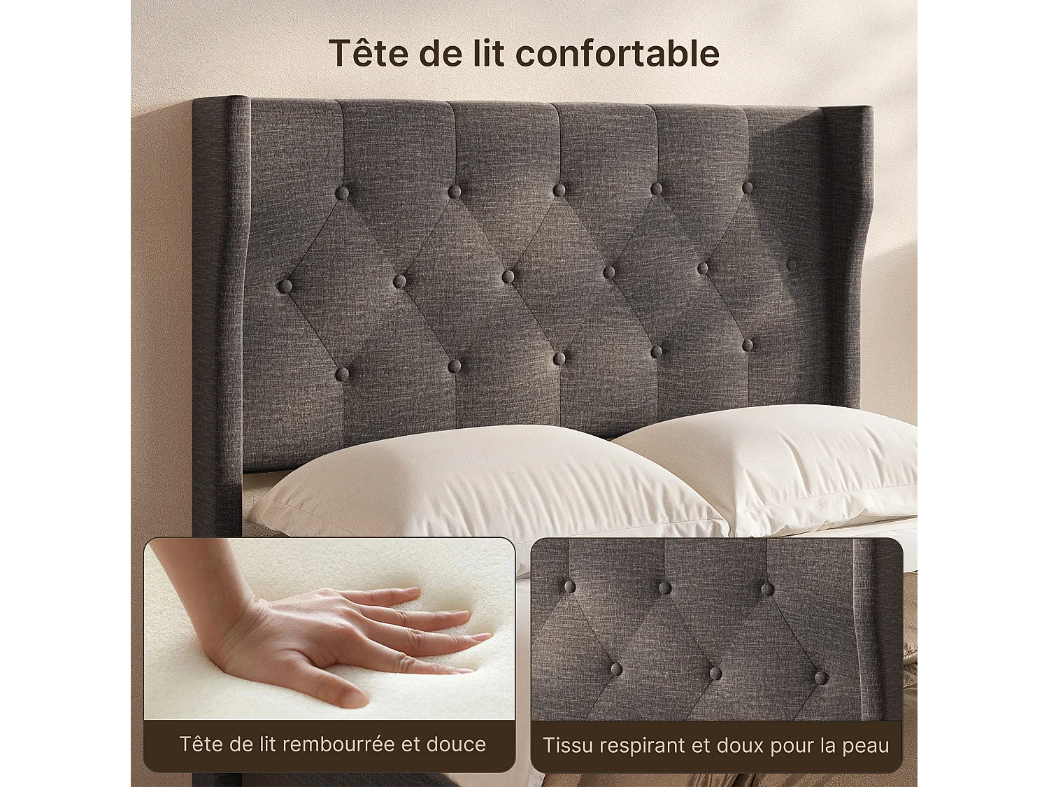 Bealife Lit 120 x 200 cm Lit Simple Structure de Lit Lit Rembourré Lattes en Bois de Spin 20 cm de Rangement Gris Foncé