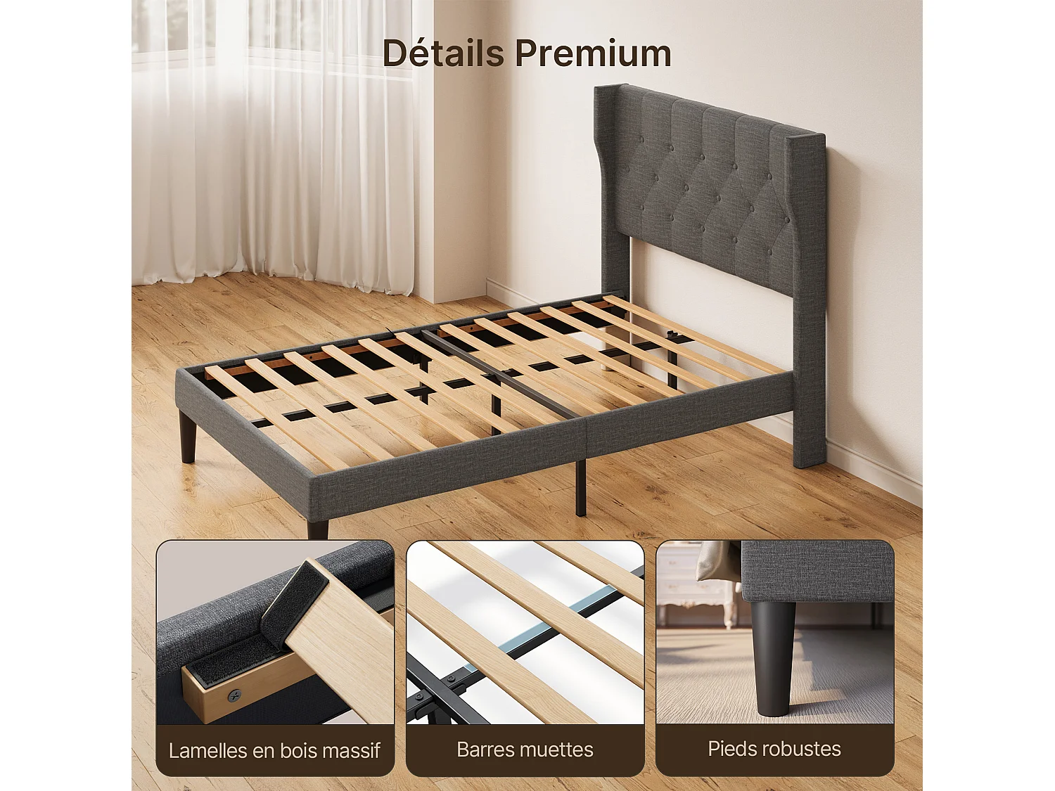 Bealife Lit 120 x 200 cm Lit Simple Structure de Lit Lit Rembourré Lattes en Bois de Spin 20 cm de Rangement Gris Foncé