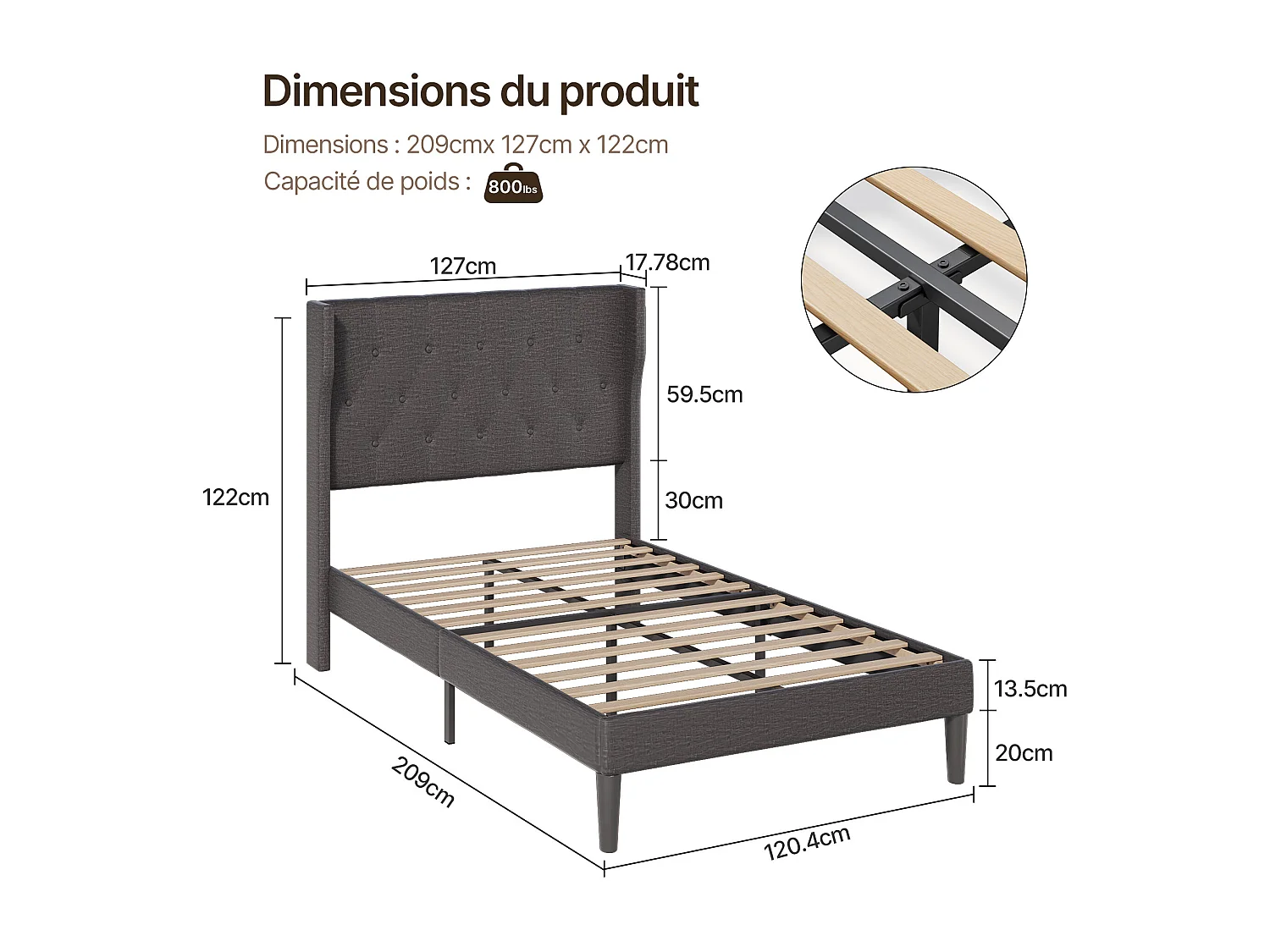 Bealife Lit 120 x 200 cm Lit Simple Structure de Lit Lit Rembourré Lattes en Bois de Spin 20 cm de Rangement Gris Foncé