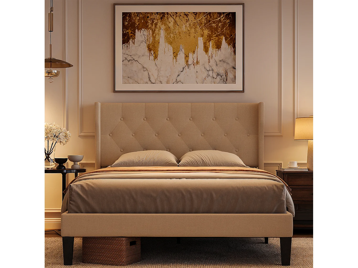 Bealife Lit 140 x 200 cm Lit Simple Structure de Lit Lit Rembourré Lattes en Bois de Spin 20 cm de Rangement Beige