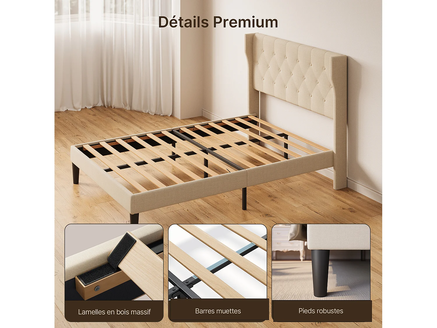 Bealife Lit 140 x 200 cm Lit Simple Structure de Lit Lit Rembourré Lattes en Bois de Spin 20 cm de Rangement Beige