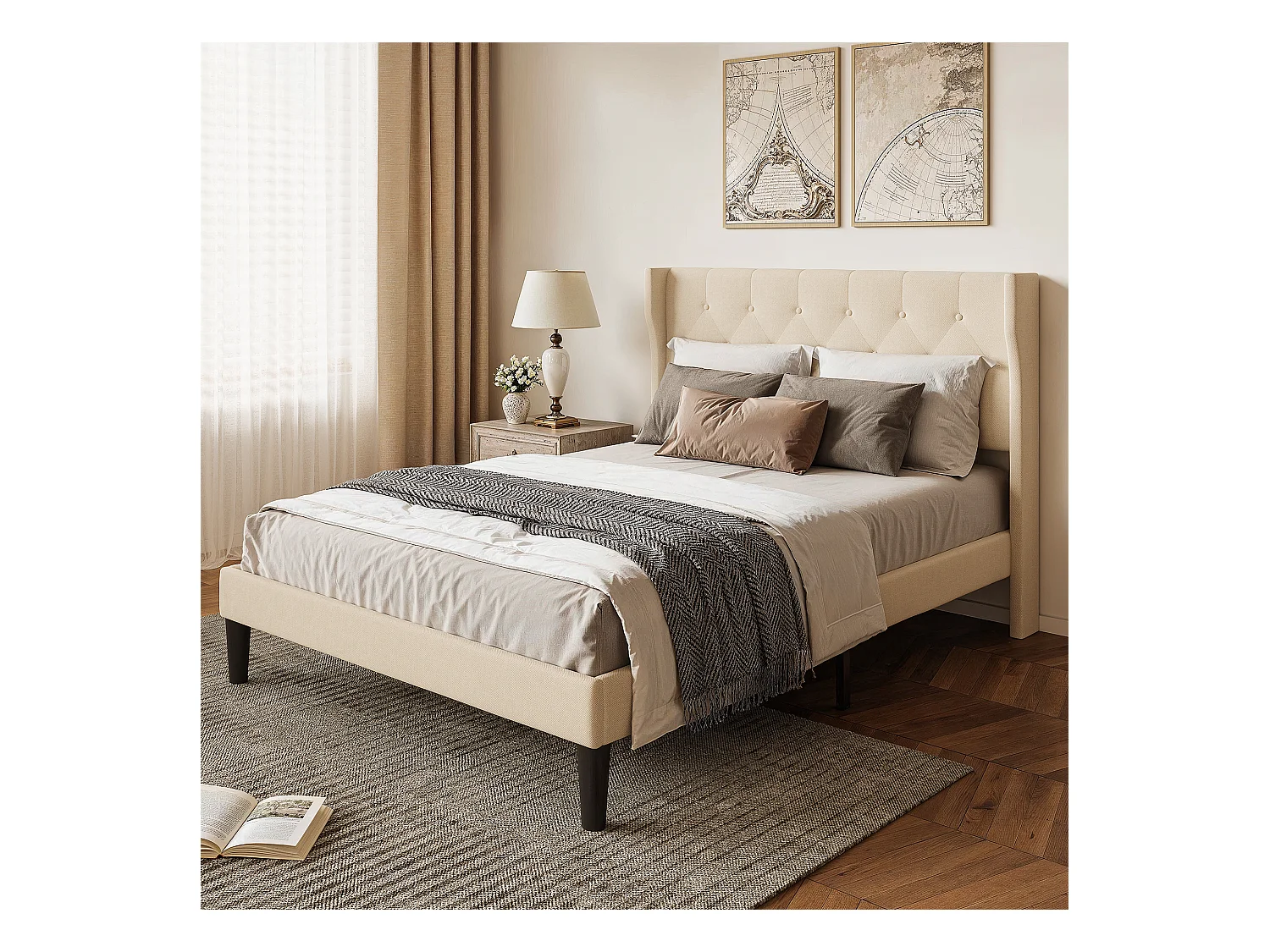 Bealife Lit 140 x 200 cm Lit Simple Structure de Lit Lit Rembourré Lattes en Bois de Spin 20 cm de Rangement Beige
