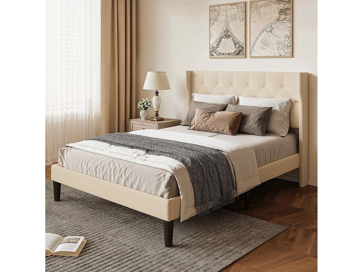 Bealife Lit 140 x 200 cm Lit Simple Structure de Lit Lit Rembourré Lattes en Bois de Spin 20 cm de Rangement Beige