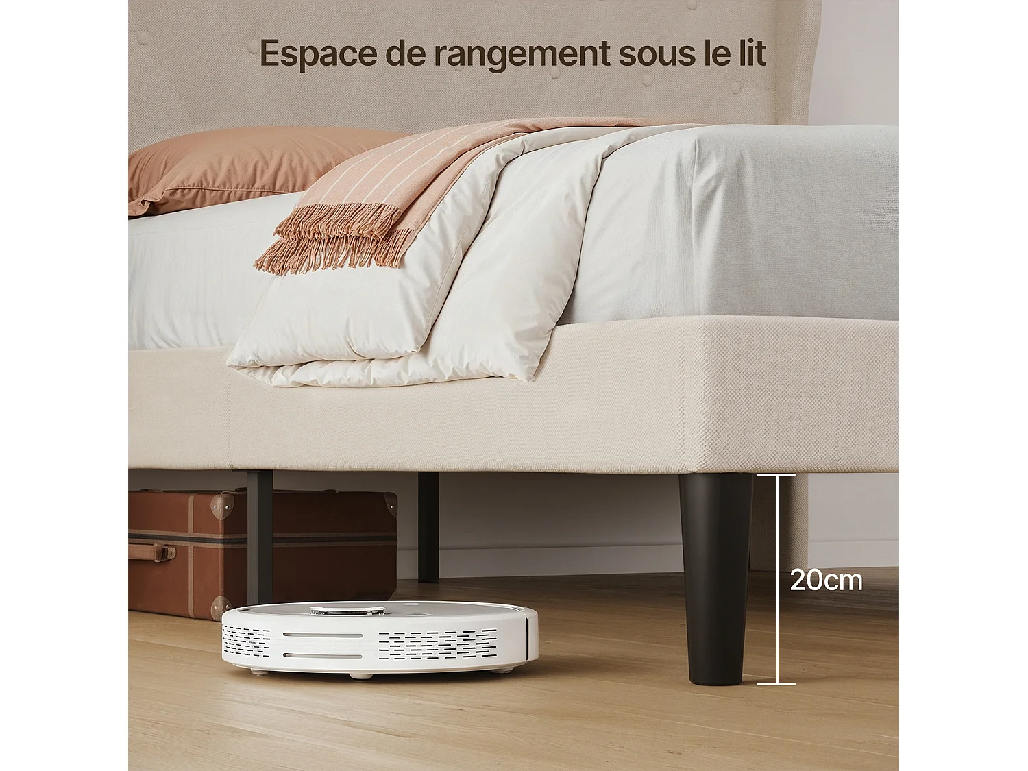 Bealife Lit 140 x 200 cm Lit Simple Structure de Lit Lit Rembourré Lattes en Bois de Spin 20 cm de Rangement Beige